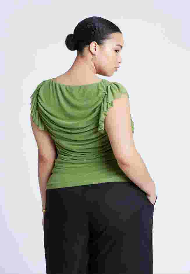 Shirred Mesh Top With Shoulder Flounces image number 1