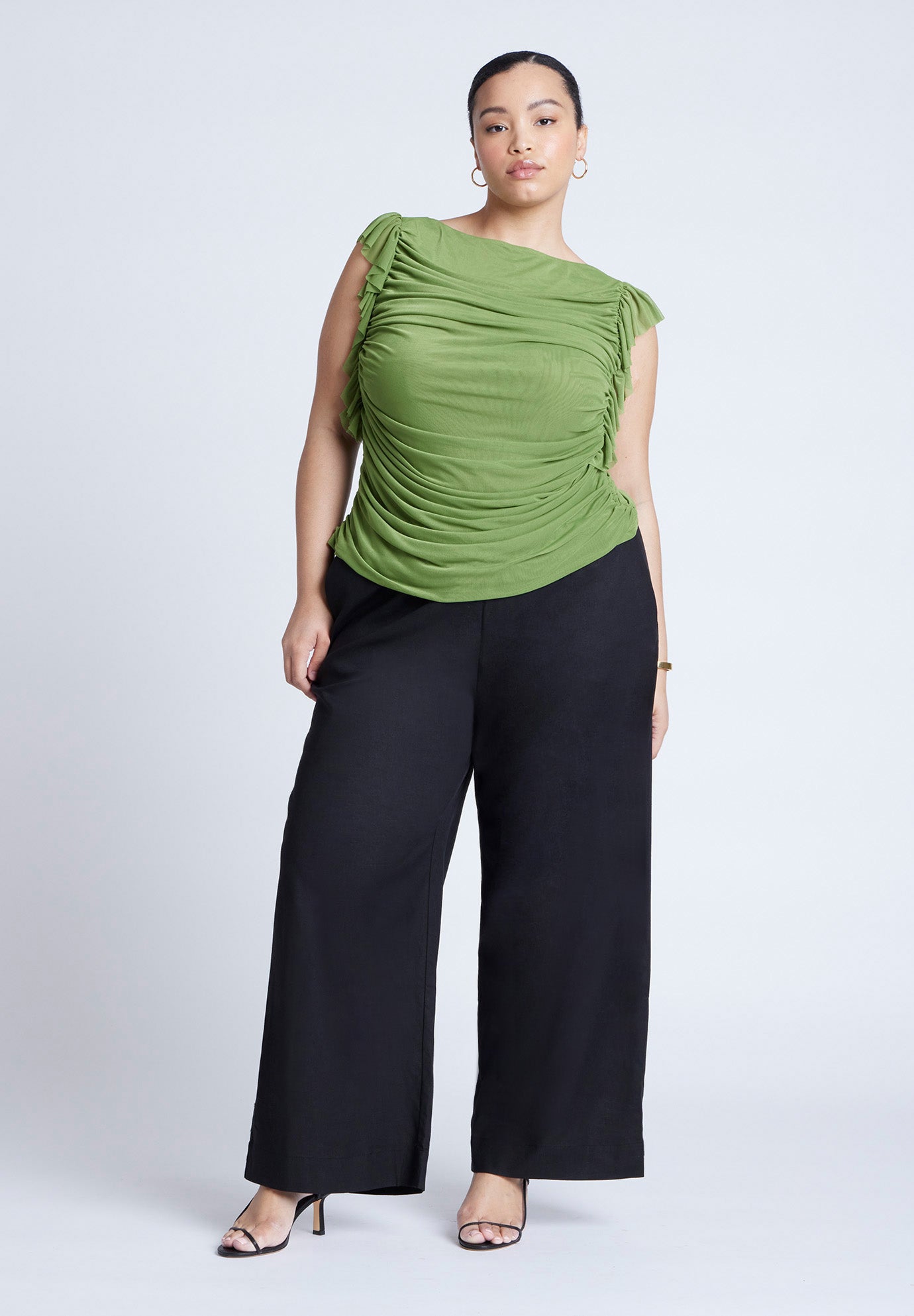 Shirred Mesh Top With Shoulder Flounces image number 2