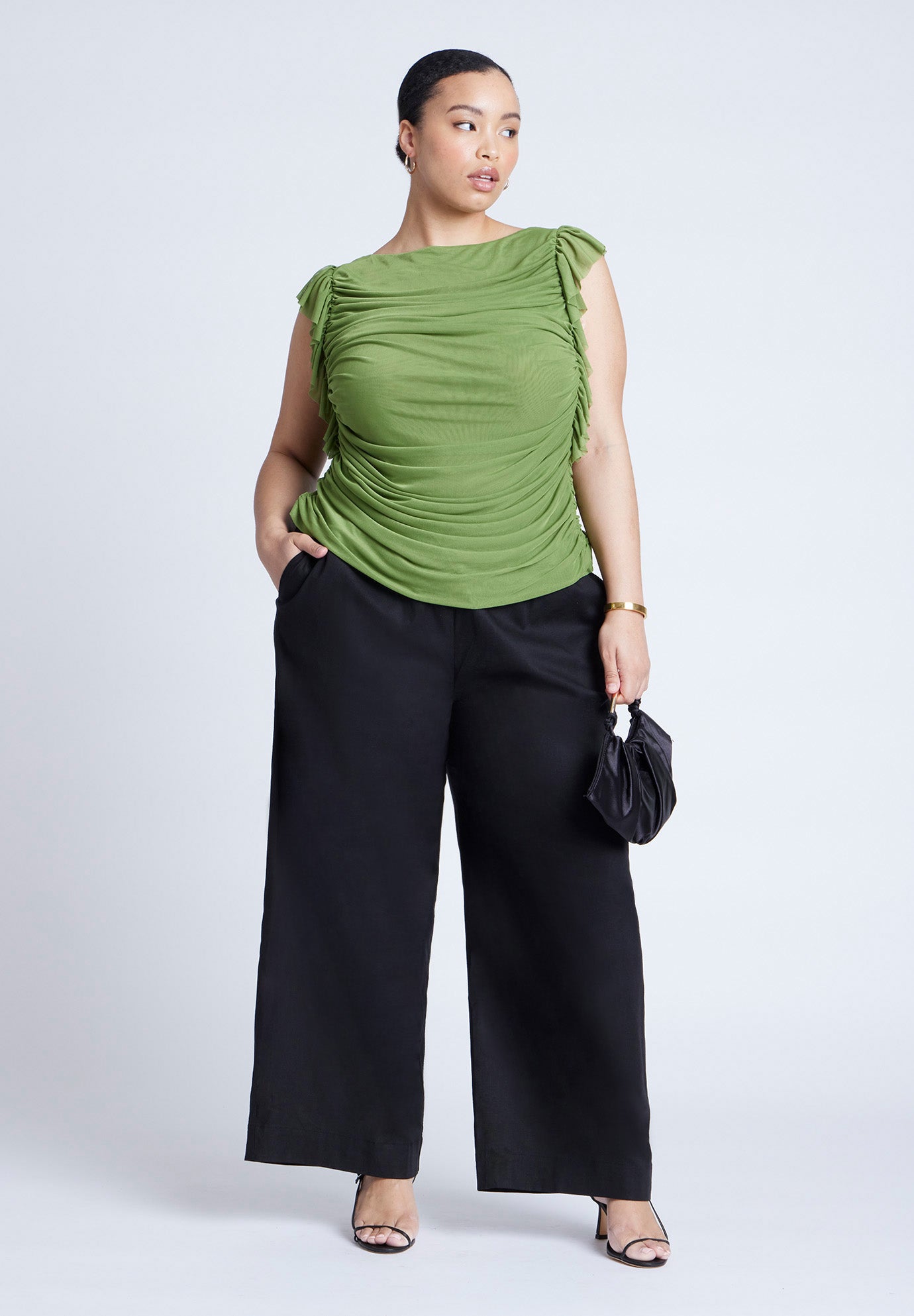 Shirred Mesh Top With Shoulder Flounces image number 4