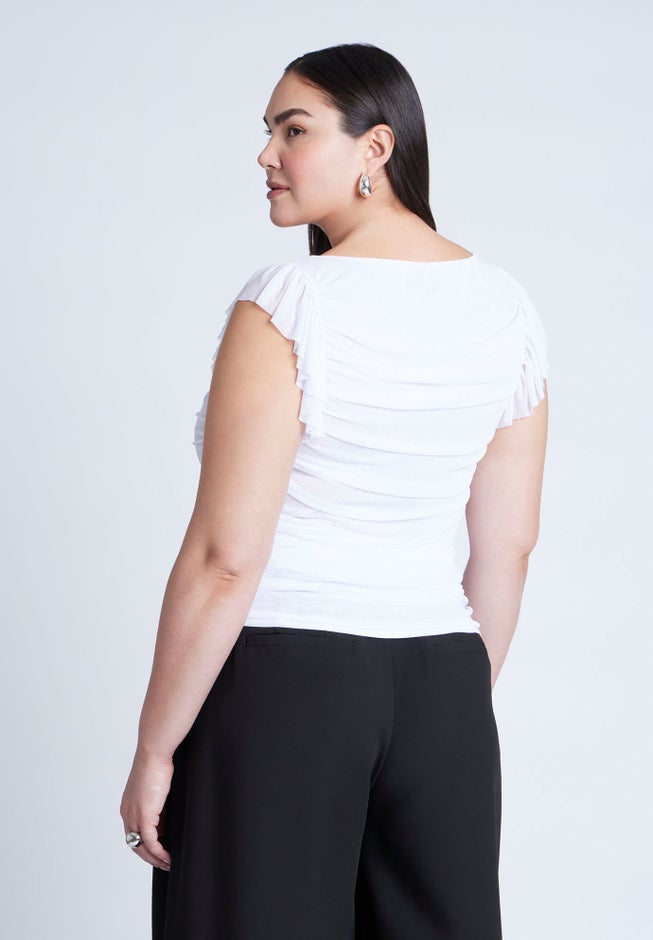 Shirred Mesh Top With Shoulder Flounces image number 1