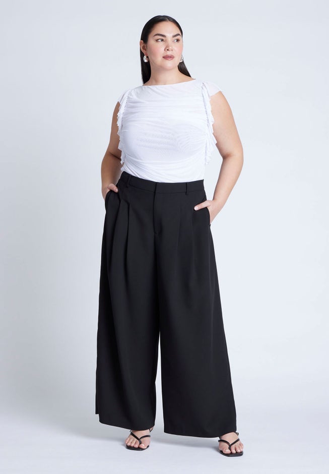 Shirred Mesh Top With Shoulder Flounces image number 2