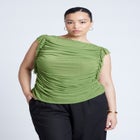 Shirred Mesh Top With Shoulder Flounces image number null