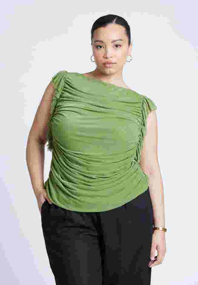 Shirred Mesh Top With Shoulder Flounces image number 0