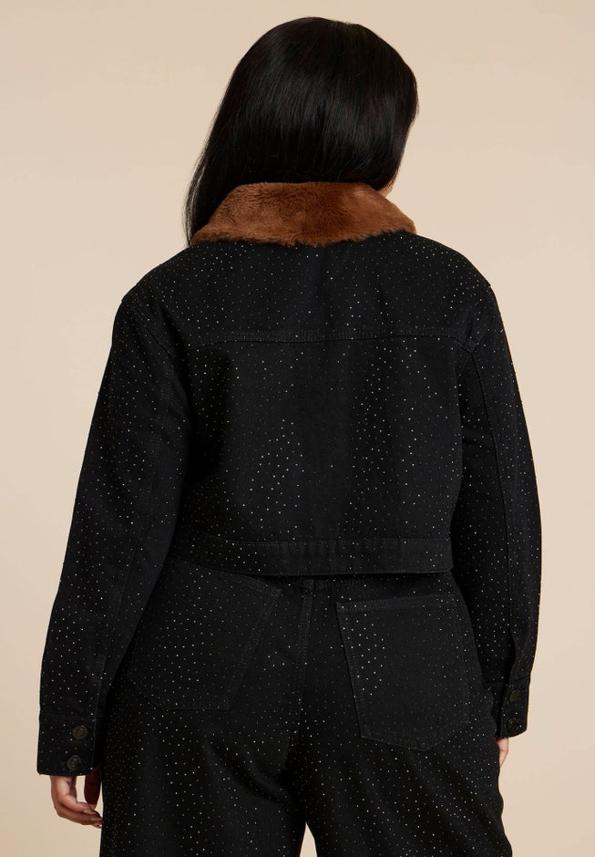 Embellished Denim Jacket With Fur Collar image number 1