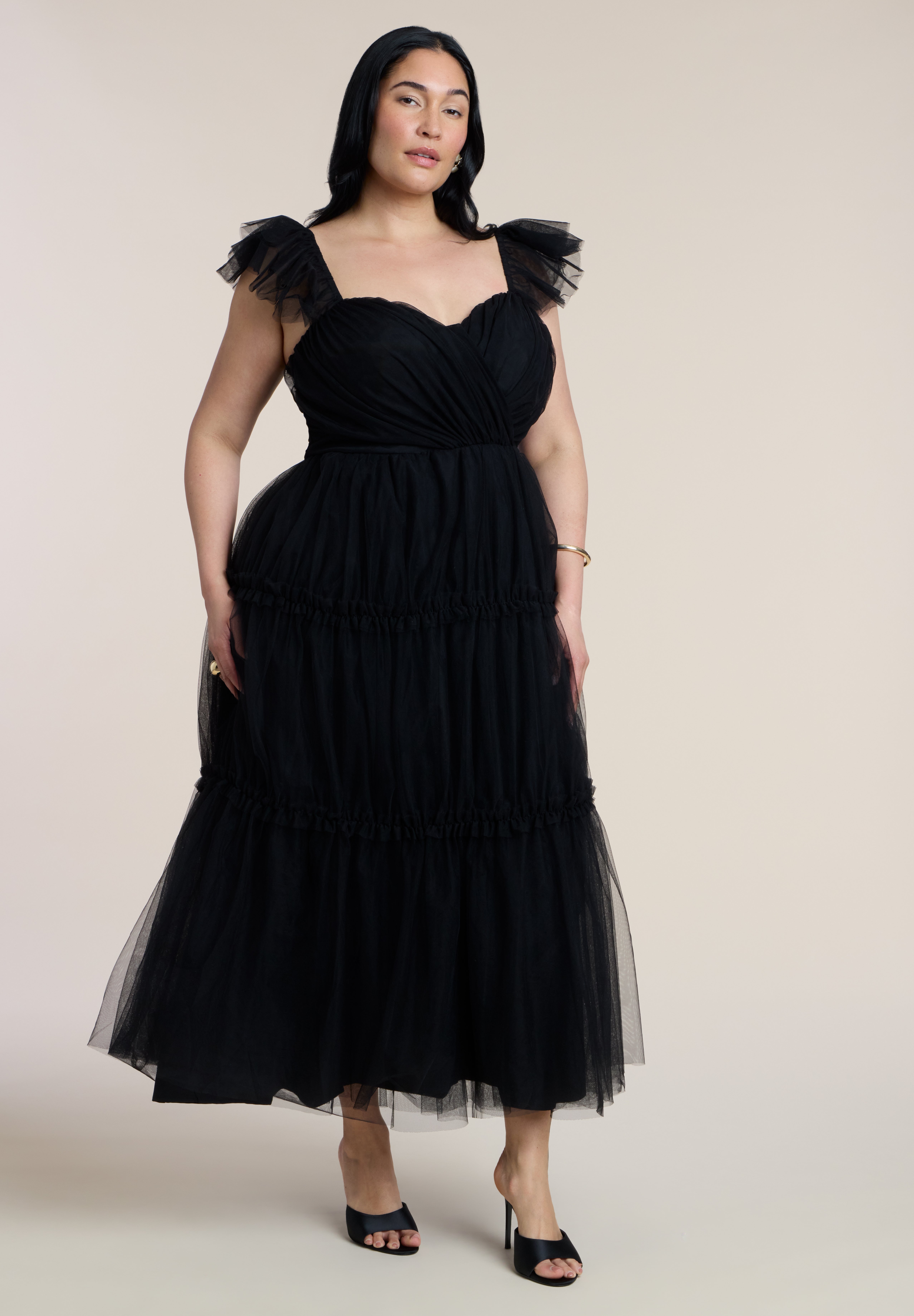 Flutter-Sleeve Tulle Midi Dress image number 1