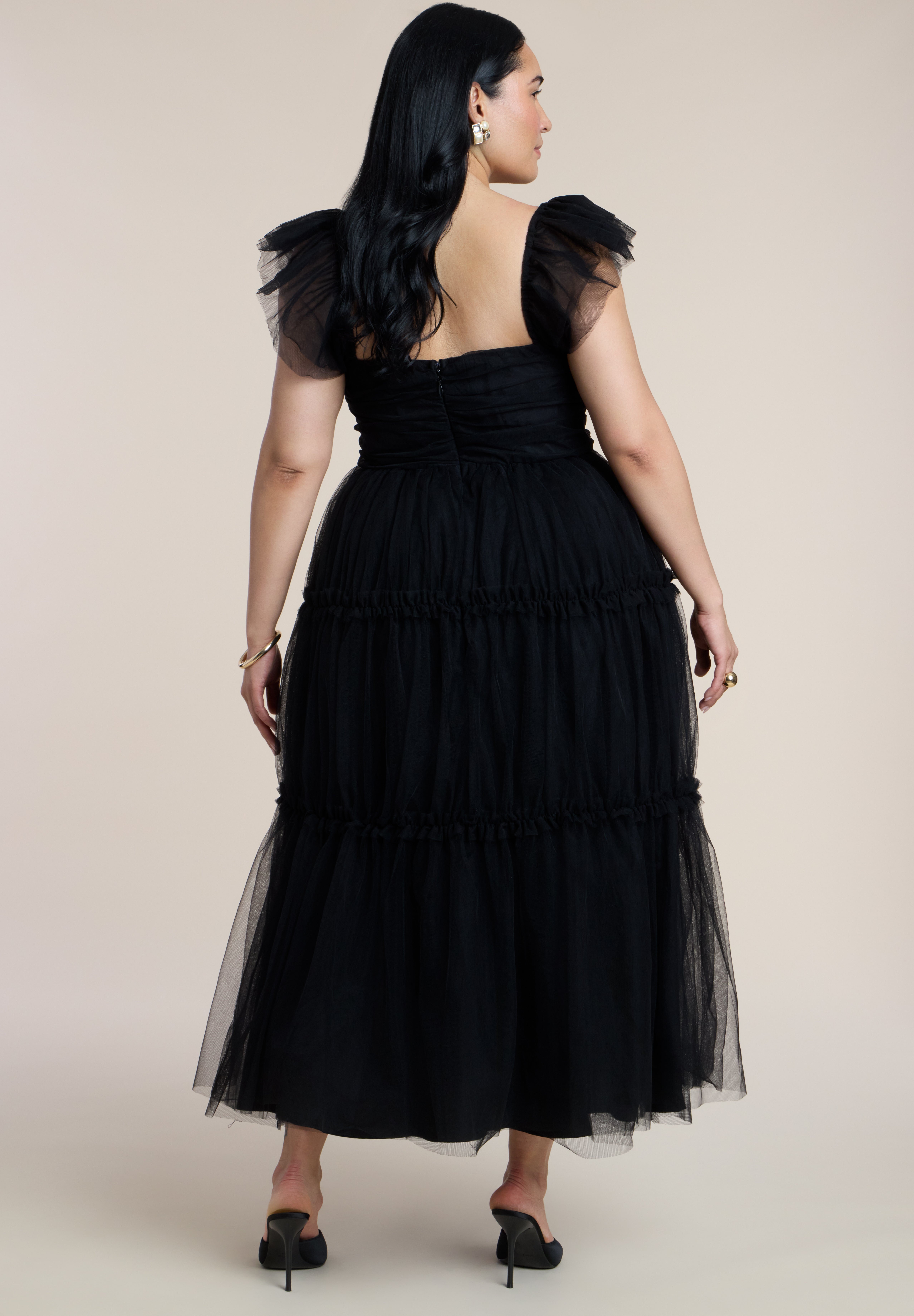 Flutter-Sleeve Tulle Midi Dress image number 2