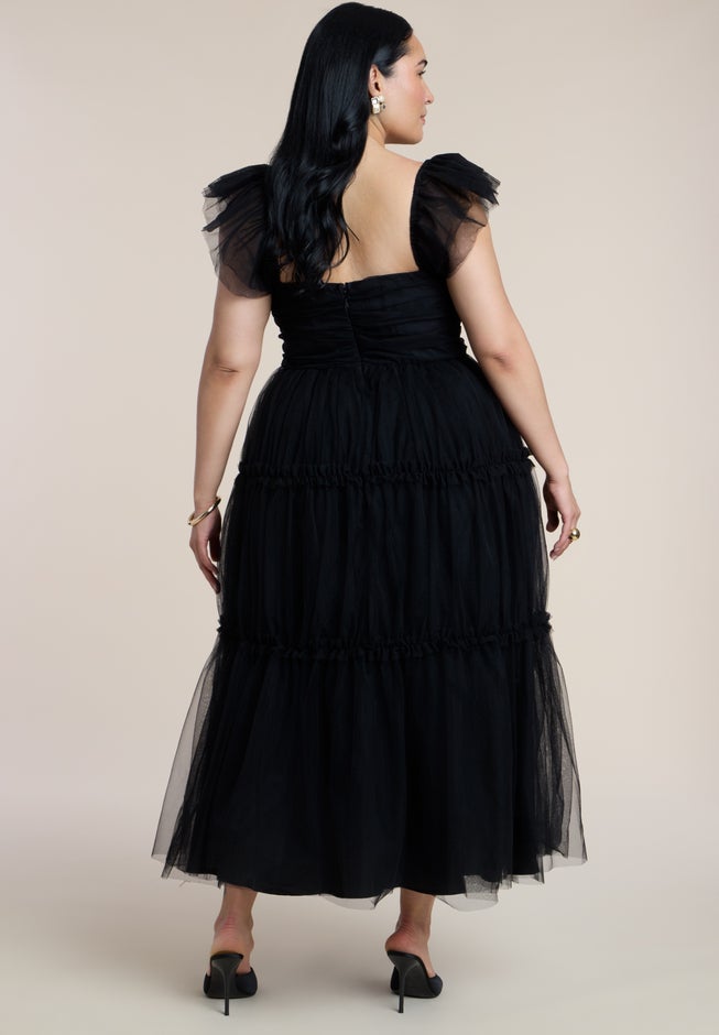 Flutter-Sleeve Tulle Midi Dress image number 2
