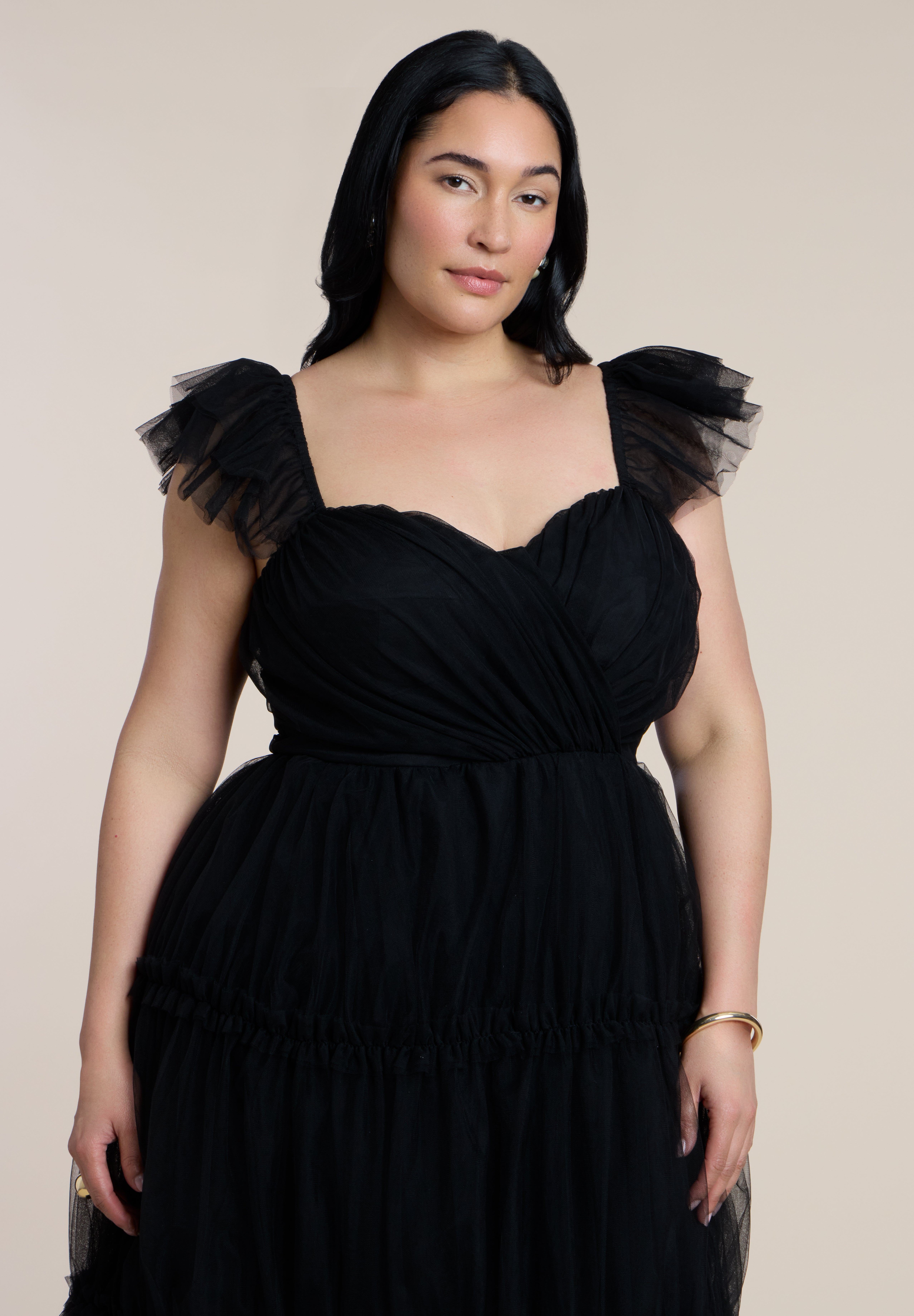 Flutter-Sleeve Tulle Midi Dress image number 3