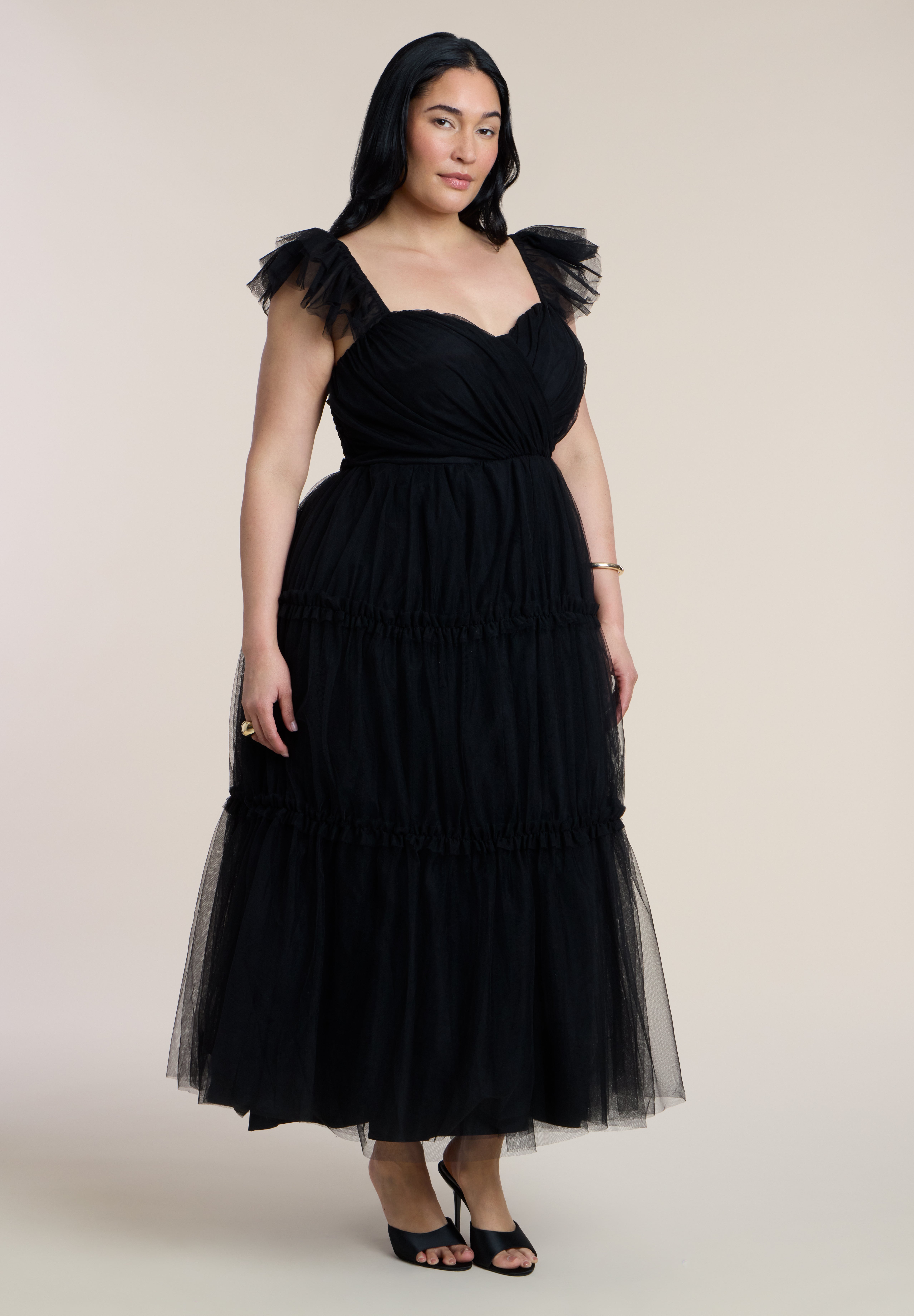 Flutter-Sleeve Tulle Midi Dress image number 0