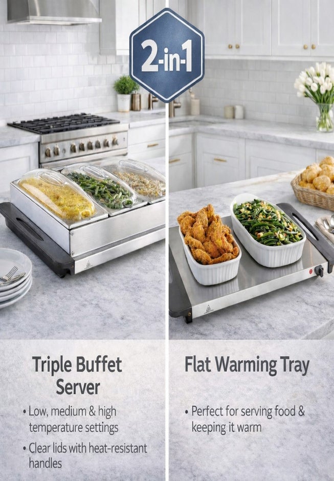 2-in-1 Triple Buffet Server & Warming Tray  image number 2
