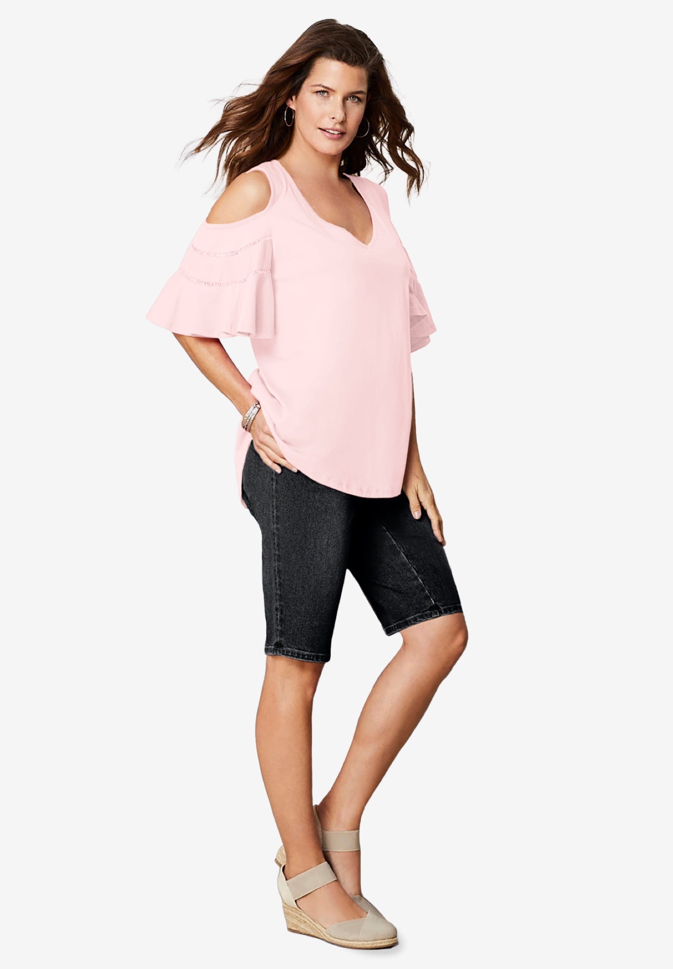 Ruffle-Sleeve Top with Cold Shoulder Detail image number 0