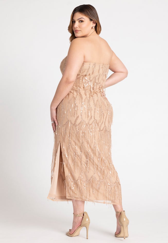 Strapless Fringe Sequin Midi Dress image number 1