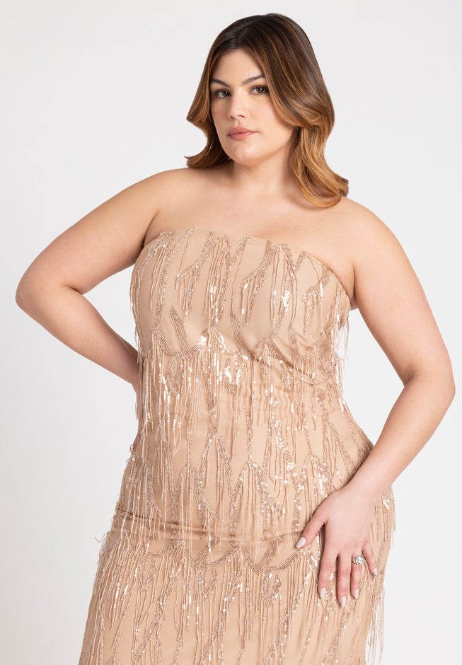 Strapless Fringe Sequin Midi Dress image number 2