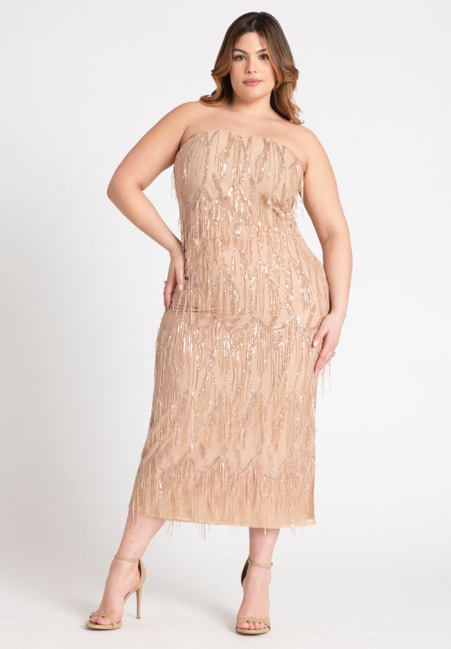 Strapless Fringe Sequin Midi Dress image number 0