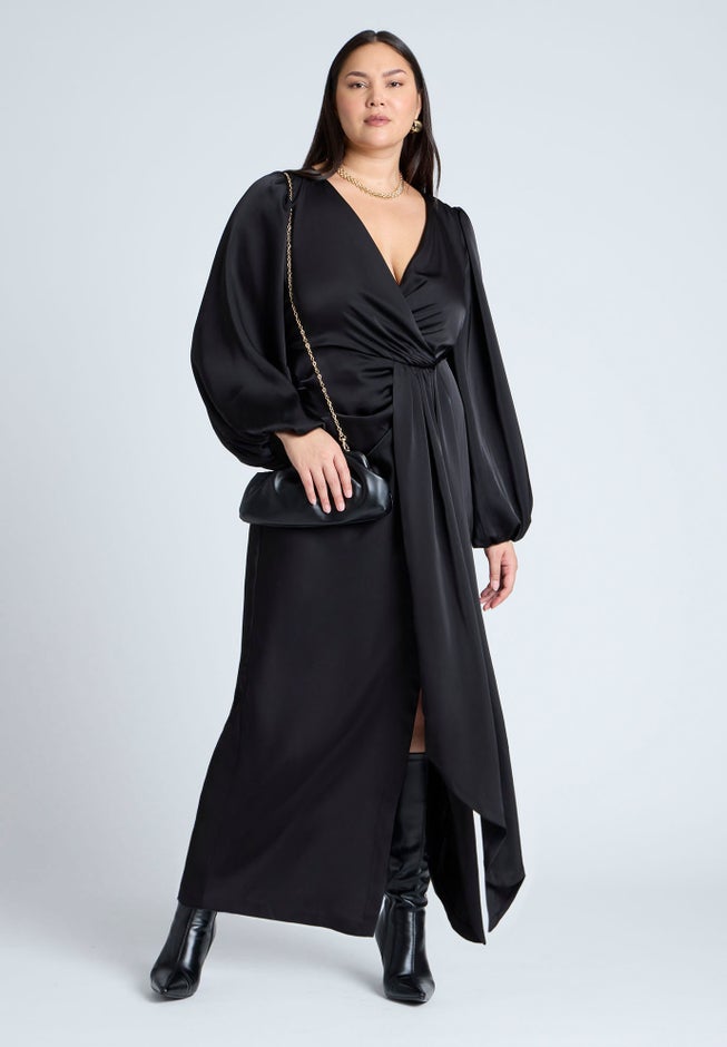 Satin Puff Sleeve Pleated Dress image number 1