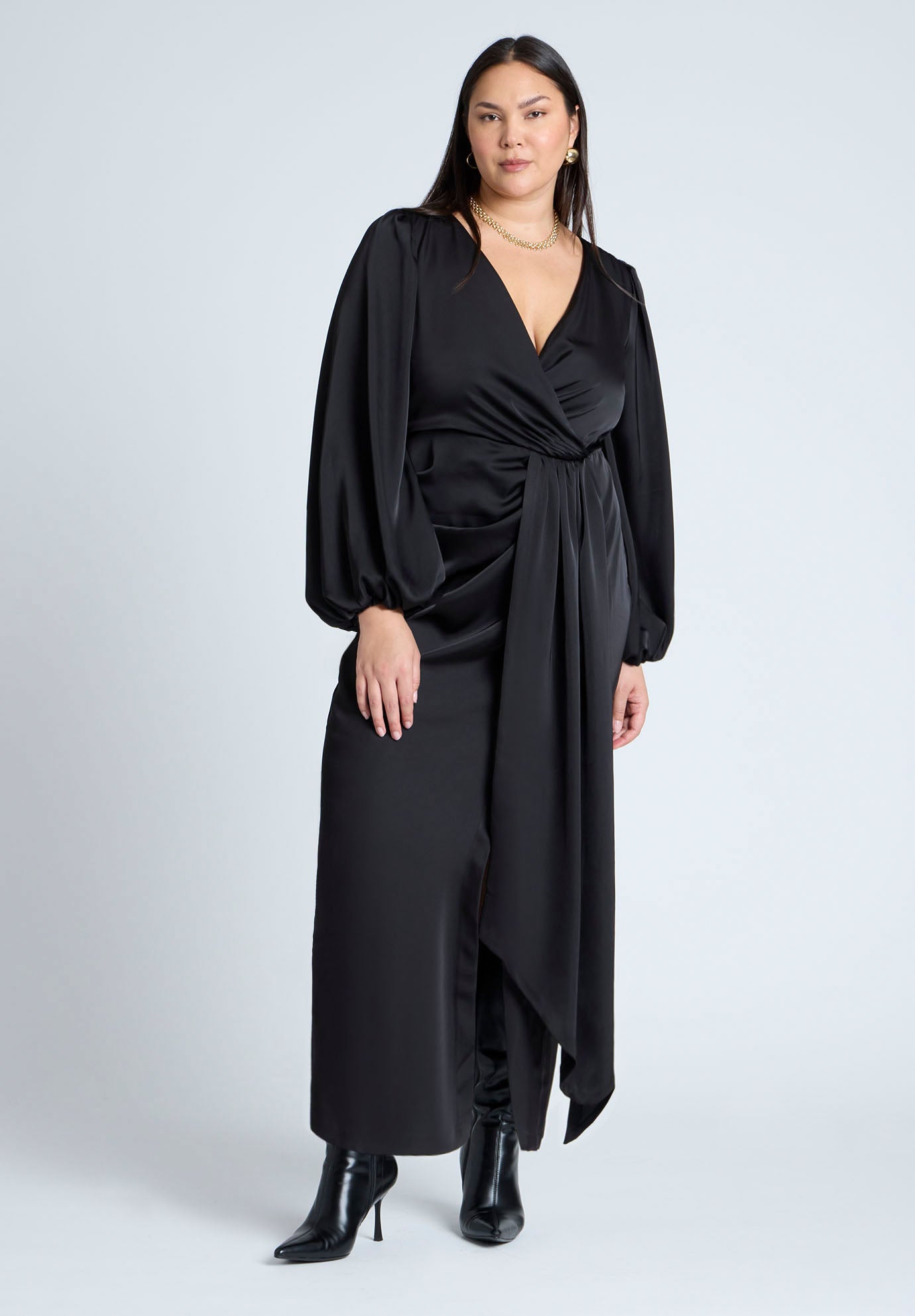 Satin Puff Sleeve Pleated Dress image number 0