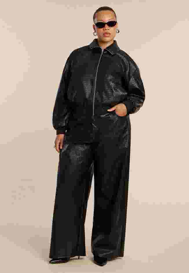 Basket Weave Faux Leather Bomber Jacket image number 5