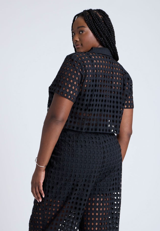 Eyelet Short Sleeve Button Up Top image number 1