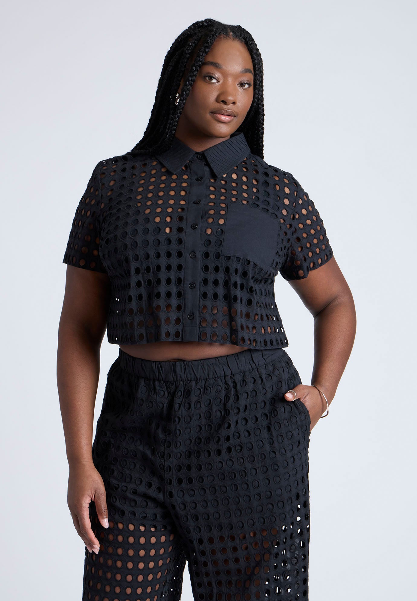 Eyelet Short Sleeve Button Up Top image number 0