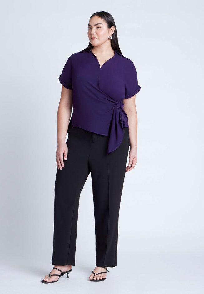 Short Sleeve Collared Top With Waist Tie image number null