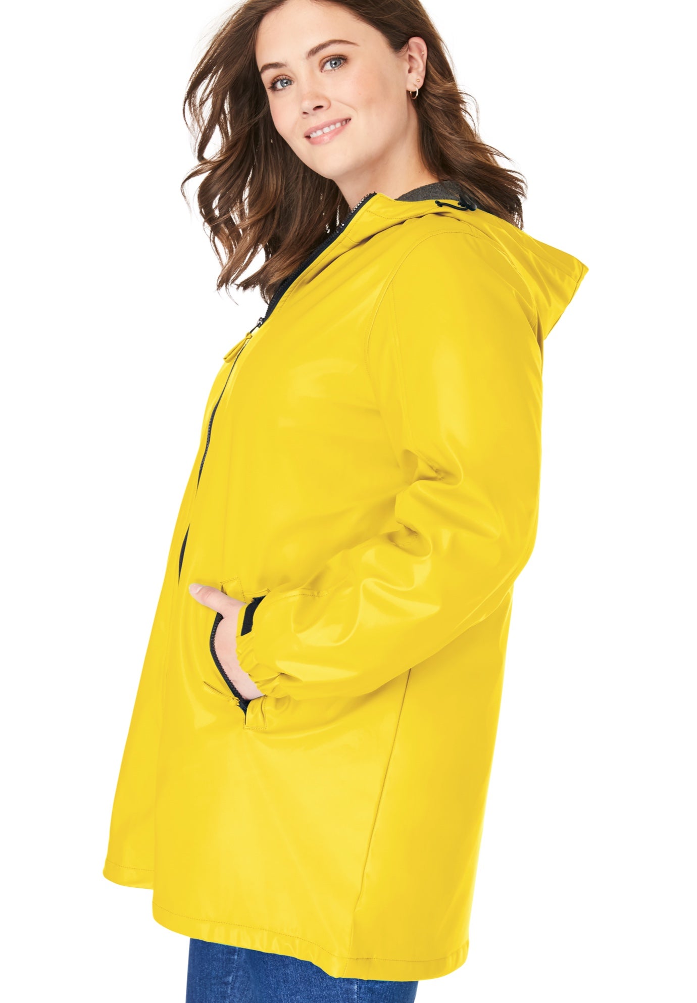 Fleece-Lined Mid-Length Slicker Raincoat image number 3