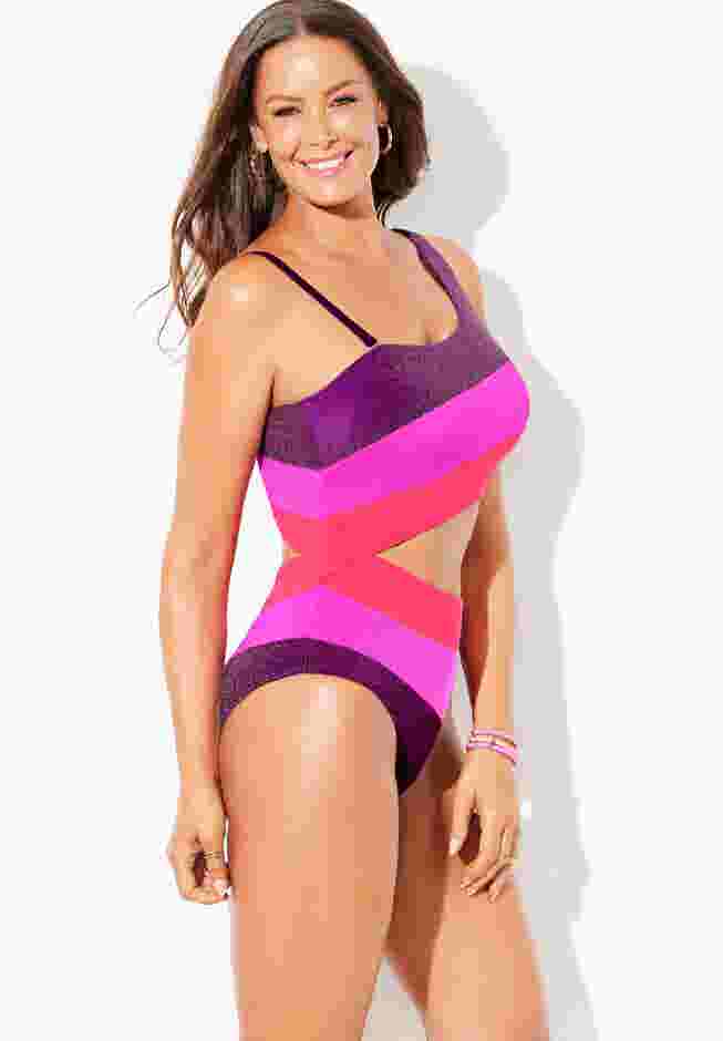 One Shoulder Color Block Cutout One Piece Swimsuit image number 5