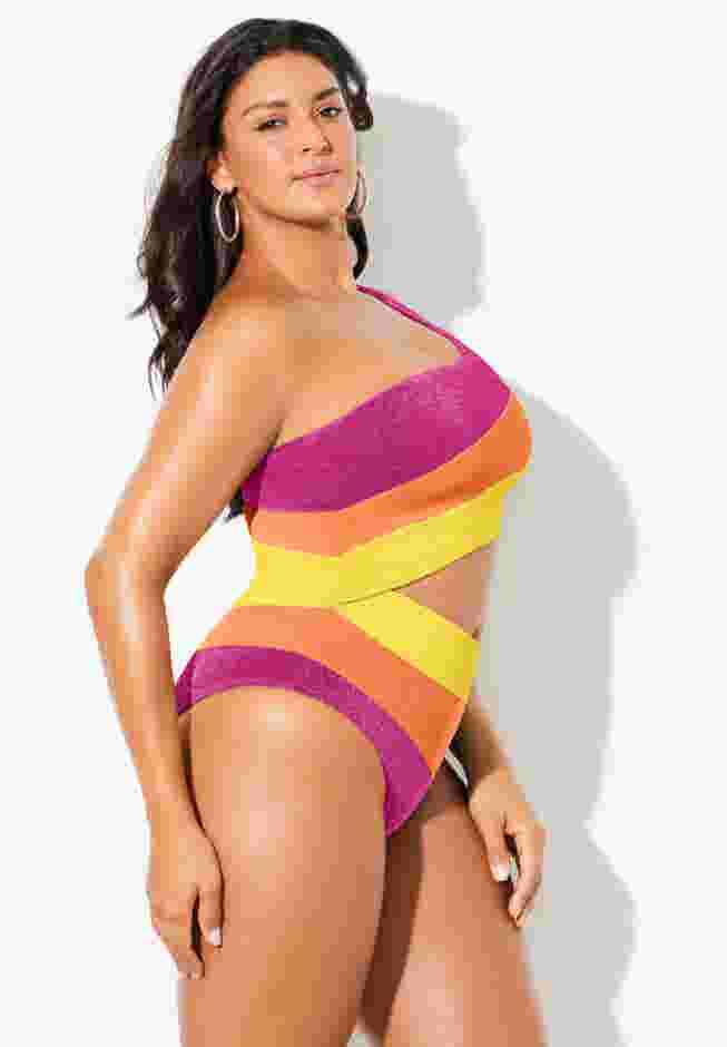 One Shoulder Color Block Cutout One Piece Swimsuit image number 2