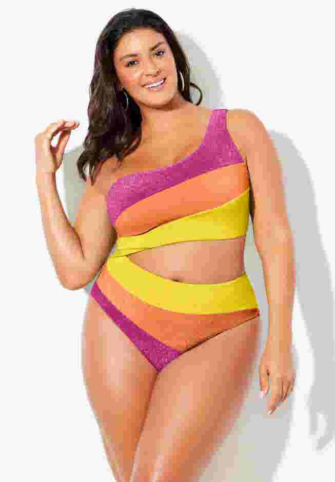 One Shoulder Color Block Cutout One Piece Swimsuit image number 3