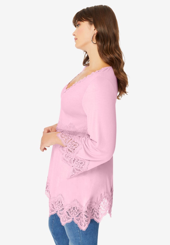 Empire Waist Boho Lace Trimmed Tee image number 2