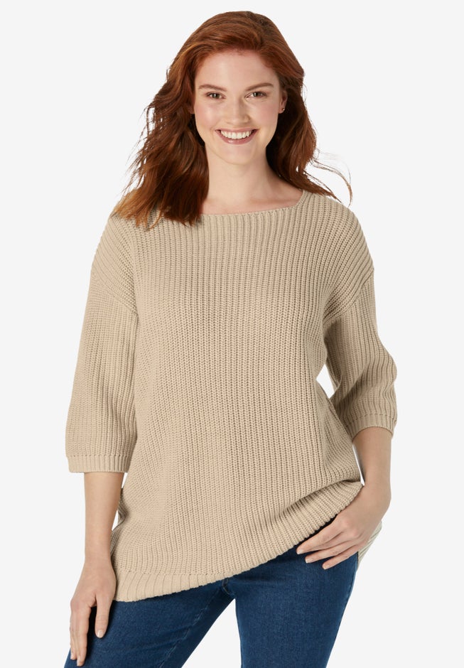 Three-Quarter Sleeve Pullover Shaker Sweater image number null