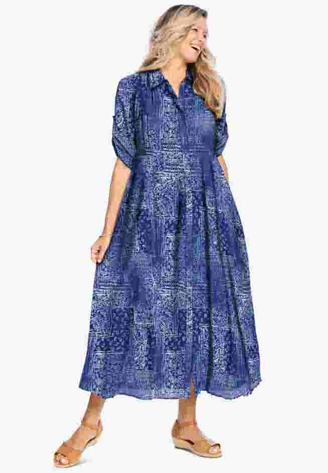 Roll-Tab Sleeve Crinkle Shirtdress image number 0