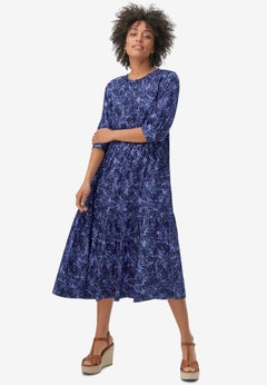 100% Cotton Tiered Below-Elbow Sleeve Midi Dress