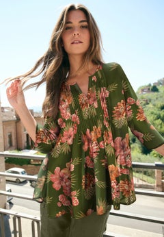 Plus Size Tara Pleated Shirt &ndash; Adjustable 3/4 Sleeve Swing Tunic with Notch Collar