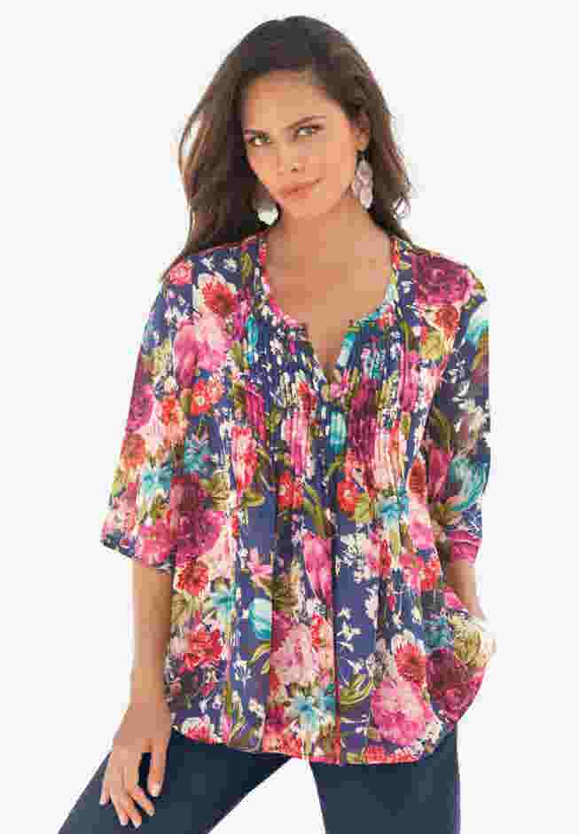 Plus Size Tara Pleated Shirt – Adjustable 3/4 Sleeve Swing Tunic with Notch Collar image number 0