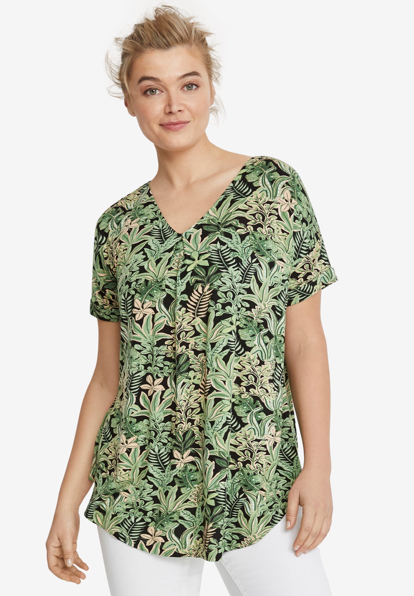 Stretch Knit V-neck Short Sleeve Inverted Pleat Tunic image number 0