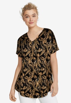Stretch Jersey Knit V-Neck Inverted Pleat Short Sleeve Tunic