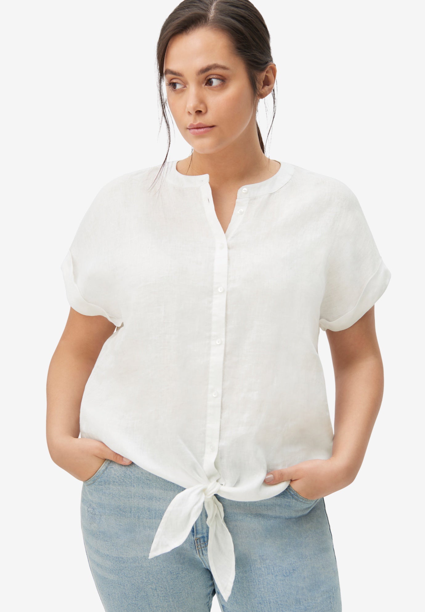 Linen-Blend Tie-Front Blouse image number 1