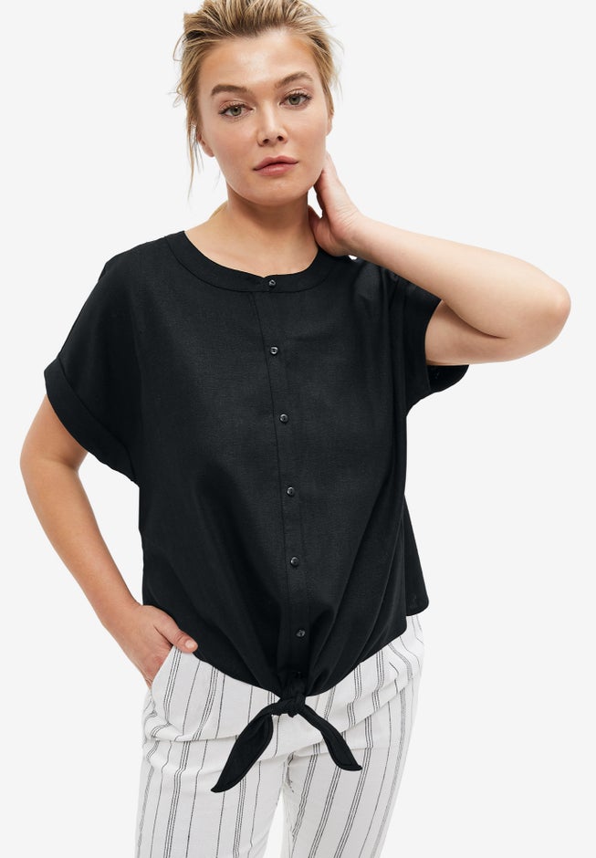 Linen-Blend Tie-Front Blouse image number 0