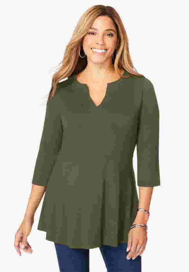 Stretch Knit Henley Notch Babydoll Tunic image number 0