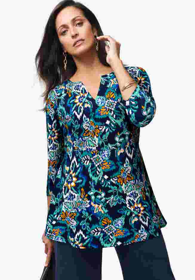 Stretch Knit Henley Notch Babydoll Tunic image number 0