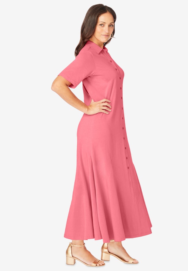 Stretch Cotton Button Front Maxi Dress image number 3