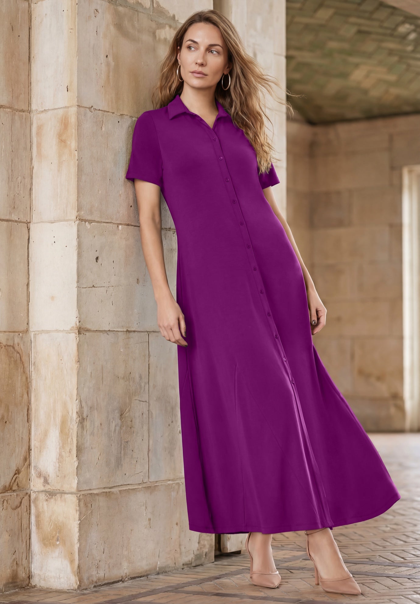 Stretch Cotton Button Front Maxi Dress image number 0