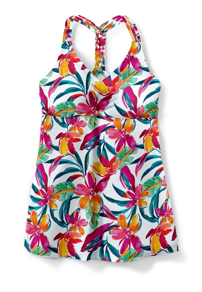 Longer-Length Ruched V-Neck Braided Racerback Tankini Top image number 3