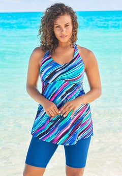 Longer-Length Ruched V-Neck Braided Racerback Tankini Top