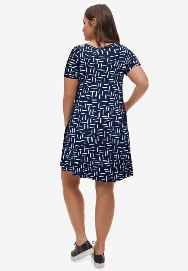 Stretch Knit Scoop Neck Short Sleeve A Line Dress image number 1