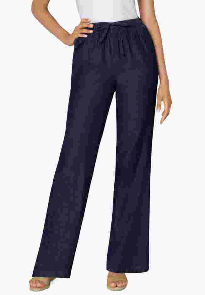 Womens Plus-Size Wide-Leg Drawstring Denim Pants image number 0
