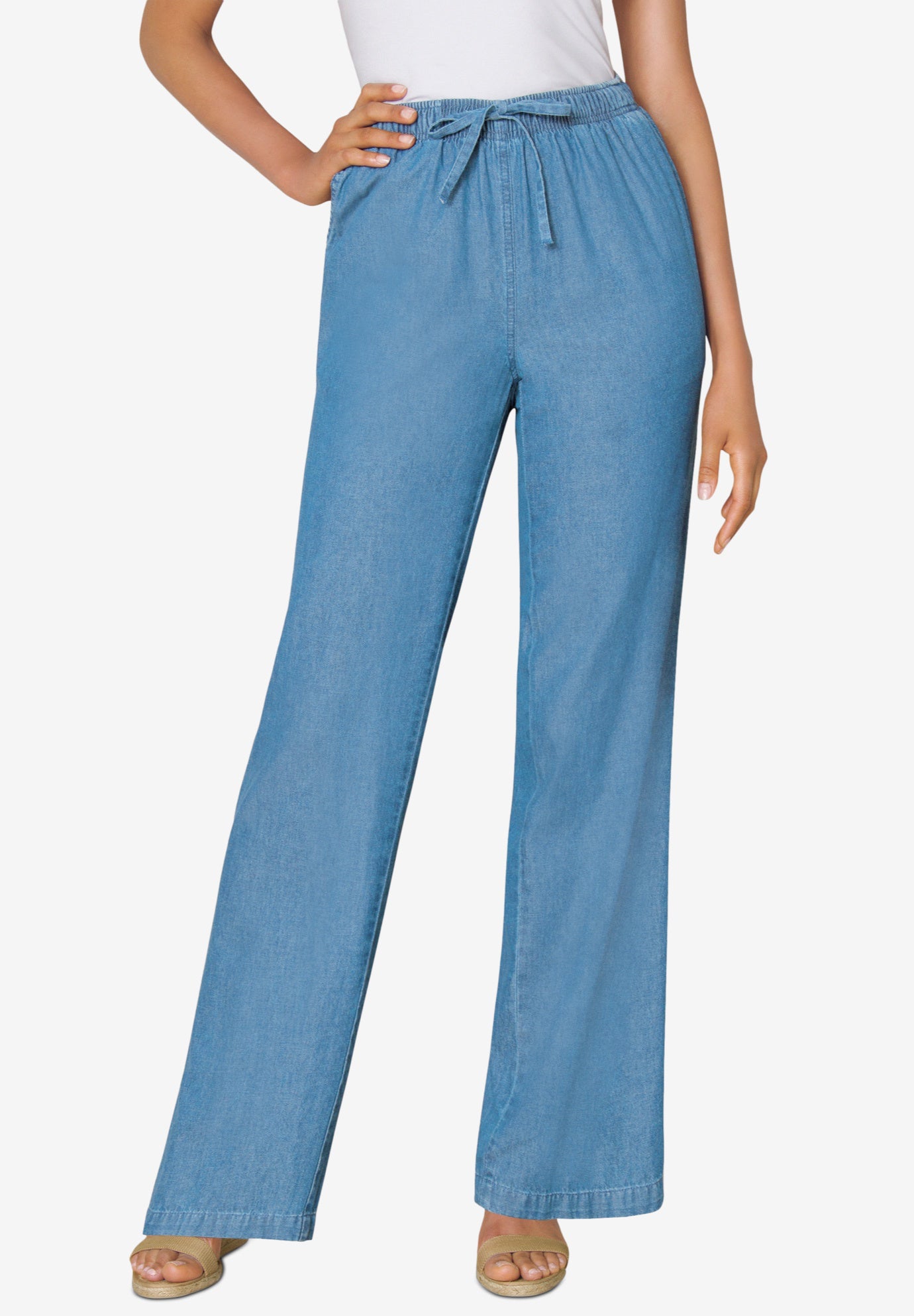 Wide-Leg Drawstring Denim Pants image number 0