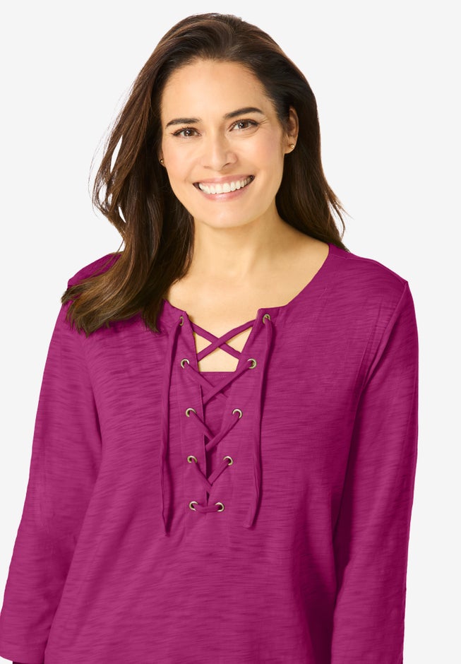 Lace-Up Three-Quarter Sleeve Tee image number 3