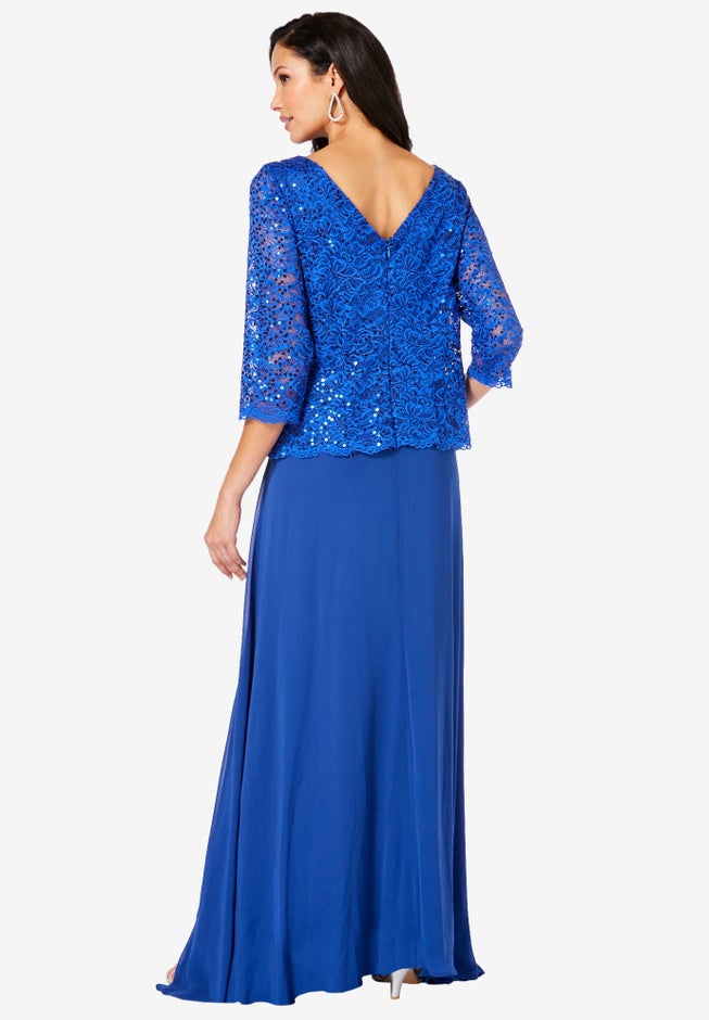 Plus Size Sparkle Lace Popover A-Line Gown with 3/4 Sleeves image number 1