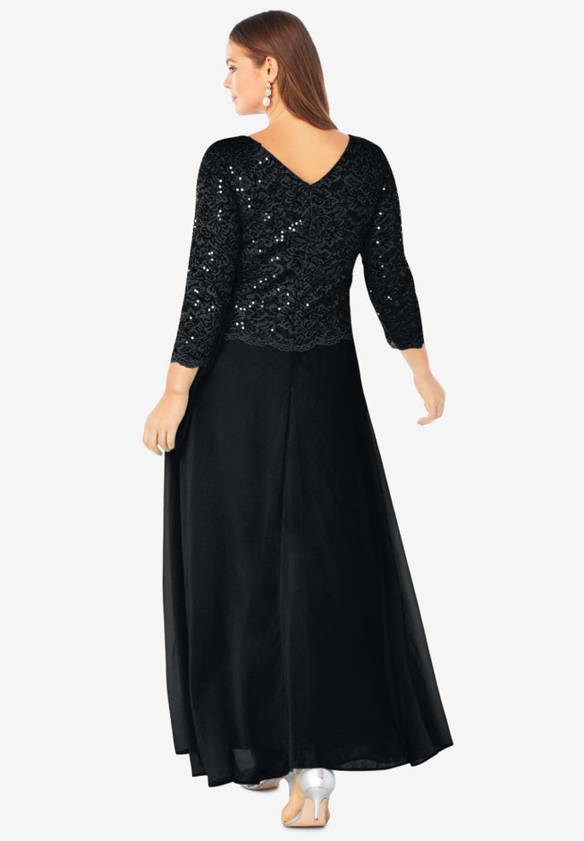 Plus Size Sparkle Lace Popover A-Line Gown with 3/4 Sleeves image number 1